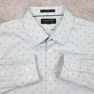 Banana Republic Shirt Mens Large Green Geometric Slim Fit Wrinkle‎ Resistant L/S